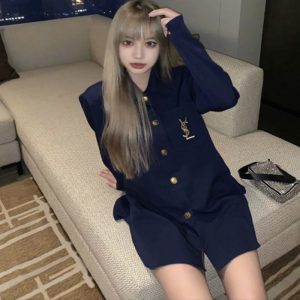 Replica Designer YSL Women Loose Solid Color Mid-Length Embroidered All-Match Fashion Shirt