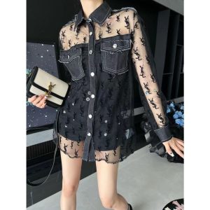 Replica Designer YSL Women Mesh And Denim Stitching Color Fashion Top