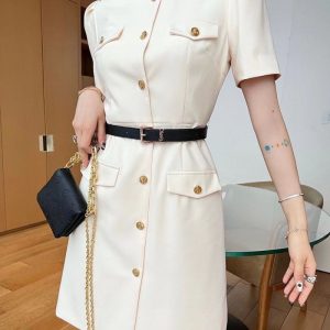 Replica Designer YSL Women Mid-Sleeve With Belt Slim Wild Round Neck Dress