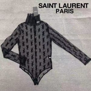 Replica Designer YSL Women Sexy Sheer Mesh Turtleneck Letter Long Sleeve Bodysuit
