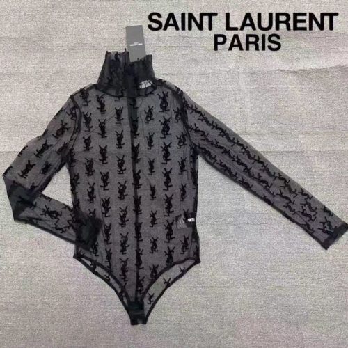 Replica Designer YSL Women Sexy Sheer Mesh Turtleneck Letter Long Sleeve Bodysuit