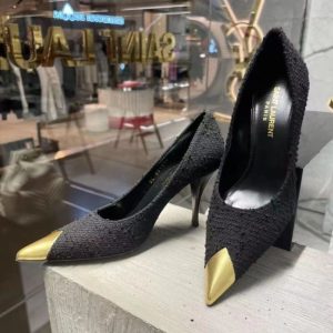 Replica Designer YSL Women Sexy Temperament Black High Heels Metal Pointed Toe Shoes
