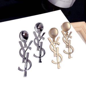 Replica Designer YSL Women Silver Needle Personality Temperament Letter Long Earrings