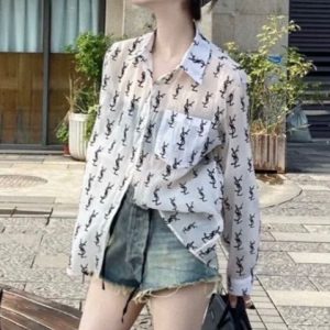 Replica Designer YSL Women Simple Letter Printing Flocking Sunscreen Shirt