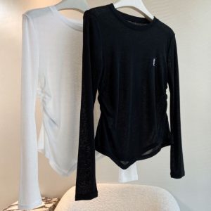 Replica Designer YSL Women Simple Round Neck Embroidered Letters Long Sleeve Bottoming Shirt
