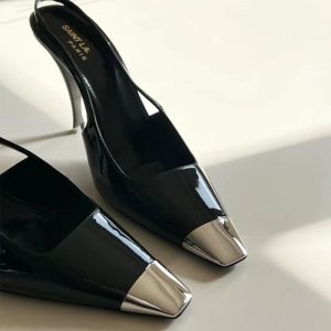 Replica Designer YSL Women Square Head Patent Leather Black Stiletto Metal Baotou Sandals