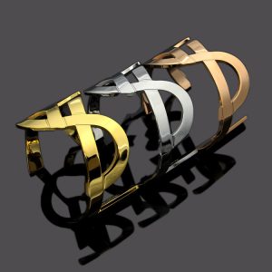Replica Designer YSL Women Titanium Steel Hollow Letter Wide Face Open Bracelet