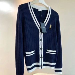 Replica Designer YSL Women Twist Bundle Stripe Embroidery V-Neck Cardigan Sweater
