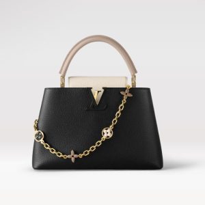 Replica Louis Vuitton Capucines MM LV Bag Black / Galet Gray / Pearly Cream M20708 For Sale